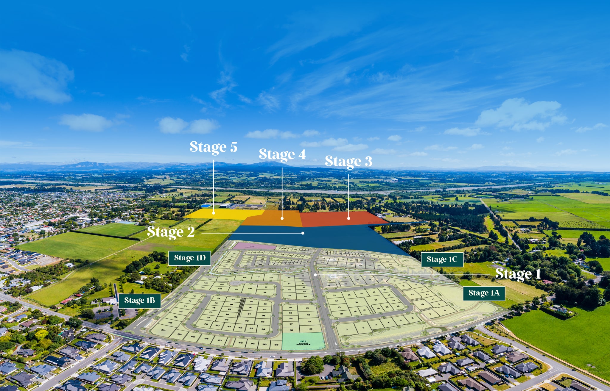 Master and staging plan overlay on drone view of Bellgrove land showcasing where each new house will be